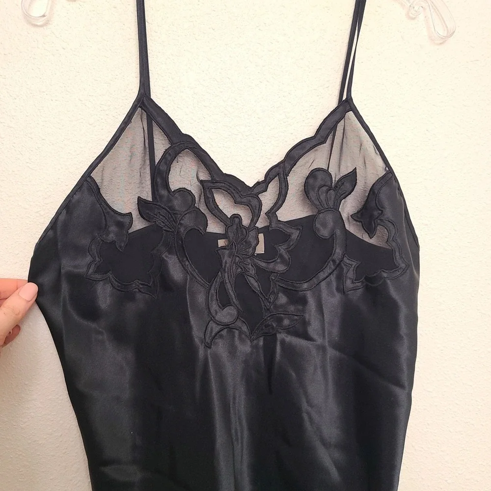 Vtg Victoria's Secret Gold Label Sz L Black Satin Lace‎ Slip Dress Whimsygoth